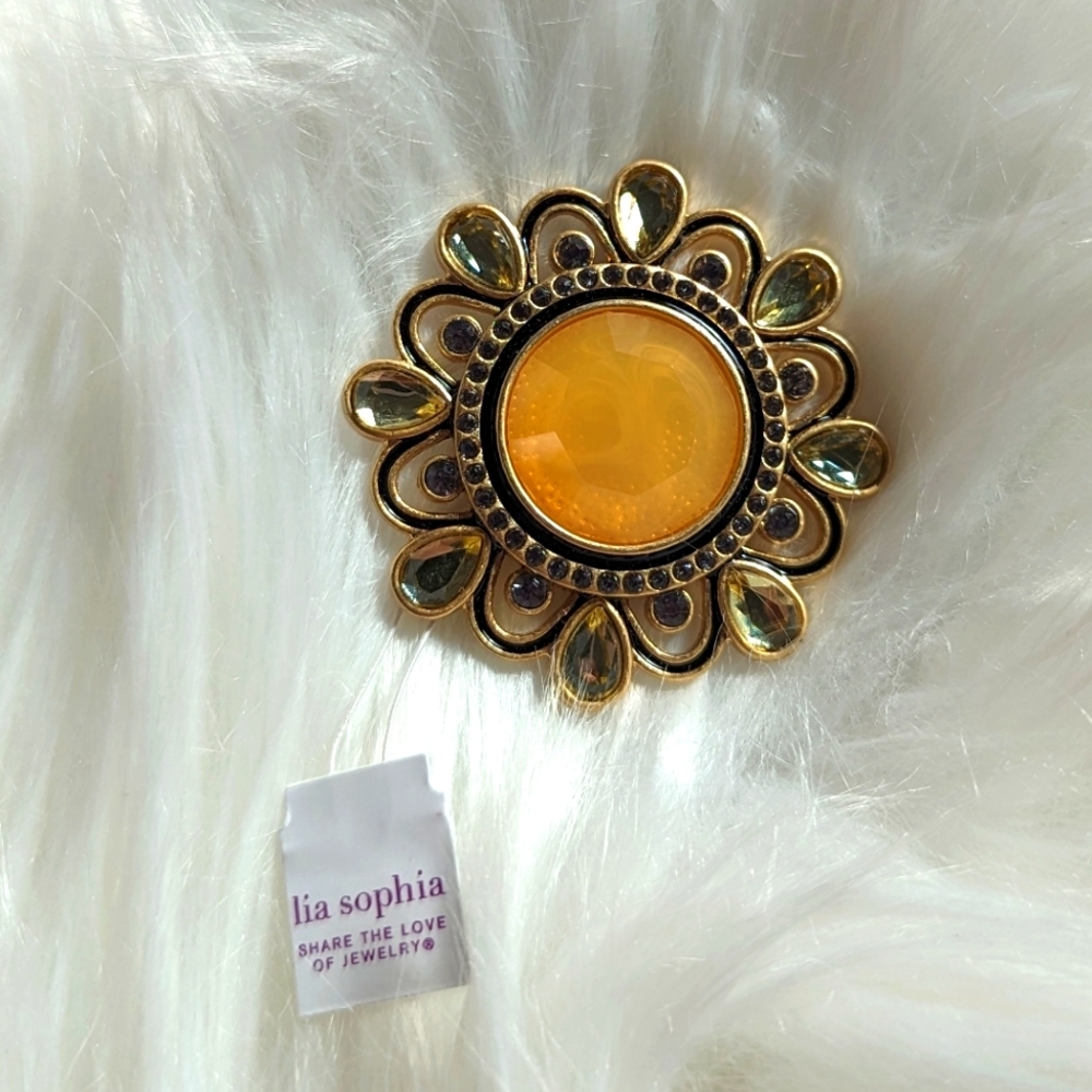 Parasol by Lia Sophia - Gold Tone Yellow Cabochon & Rhinestone Brooch